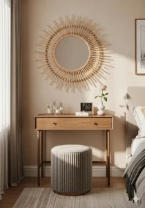 A circular decorative rattan mirror with sunburst detailing hanging above a small vanity in a bedroom.