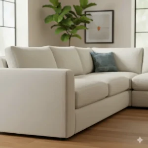 Deep-seating profile of the down feather sectional sofa, highlighting the wide, comfortable armrest.
