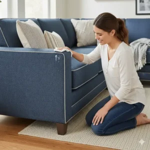 Showing the easy-care nature of the denim sectional sofa fabric, ideal for high-traffic areas.