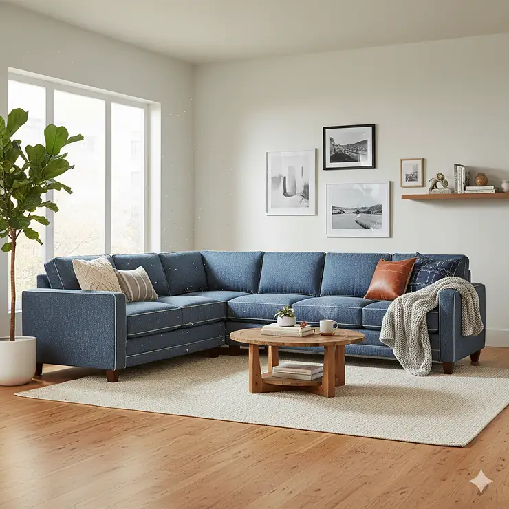 Denim sectional sofa in a modern living room setting, showcasing its comfortable look and durable fabric.