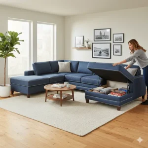 Denim sectional sofa with a hidden storage compartment under the ottoman or chaise, offering practical utility.