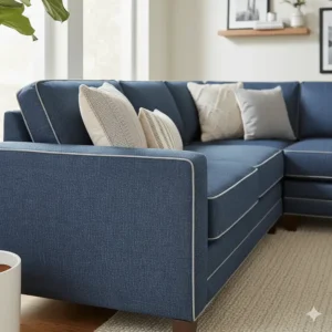 Detailed view of the corner piece of the denim sectional sofa, highlighting modular design.