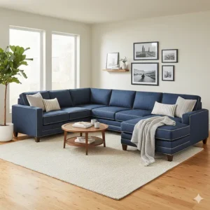 Denim sectional sofa featuring a comfortable chaise lounge extension for relaxed lounging.