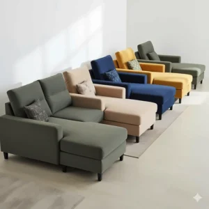 A vibrant product lineup showcasing various color options for a sectional microfiber sofa, from neutral tones to bold hues.