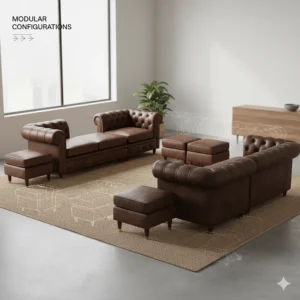 Technical dimensions diagram for the modular Chesterfield sectional sofa configuration options.