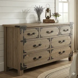 A beautiful distressed wood dresser with iron hardware, perfect for a farmhouse-style or rustic bedroom.