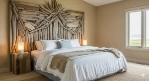 Unique handcrafted driftwood headboard, serving as a striking focal point for a rustic beach bedroom.