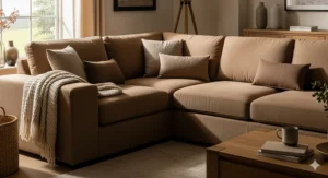 Cozy fabric brown sectional sofa with deep seats, perfect for lounging and movie nights.