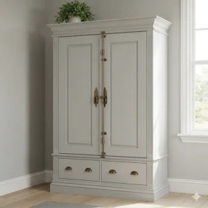 A tall, vintage-style farmhouse armoire cabinet with a light gray finish and antique brass hardware.