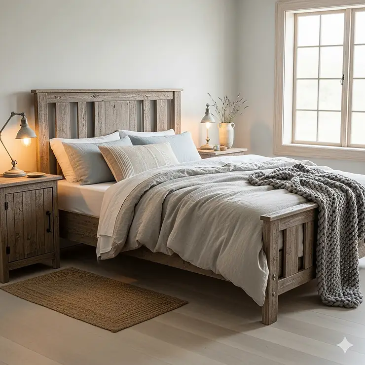 A beautiful farmhouse bedroom with a rustic wood bed, nightstands, and a cozy linen comforter.