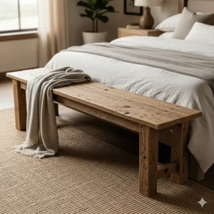 A long, reclaimed wood farmhouse bench placed at the foot of a bed, ideal for extra seating.