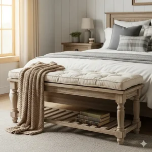 A wooden farmhouse bench with a cushioned top placed at the foot of a bed, perfect for adding a cozy, functional touch to the bedroom.
