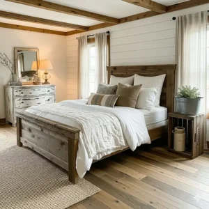 A full view of a bedroom styled with a farmhouse-rustic theme, showcasing a complete wood furniture set.
