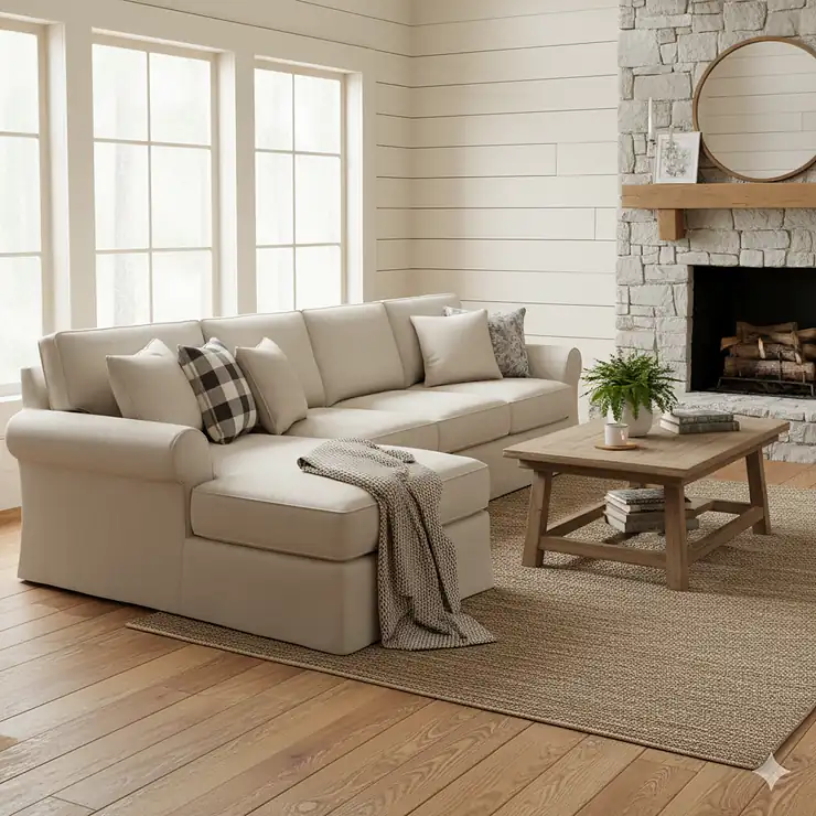 A comfortable farmhouse sectional sofa with light beige slipcovers and several throw pillows, positioned in a bright, rustic living room.