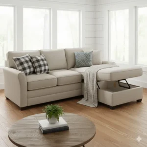 A gorgeous farmhouse sectional with a reversible storage chaise lounge for maximum comfort and utility.