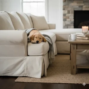 Lifestyle shot: a puppy sleeping on the soft cushions of the farmhouse sectional next to a reclaimed wood coffee table.
