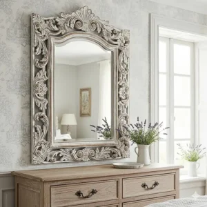 Ornate, vintage-style wall mirror with a whitewashed frame, often paired with a dresser as an accent piece in French country bedroom furniture design.