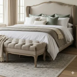 Plush fabric bench or ottoman placed at the foot of the bed, enhancing the cozy, luxurious feel of the French country bedroom furniture.