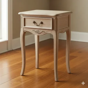 Elegant small nightstand perfect for a French country bedroom, with a subtle patina and a single drawer for storage.