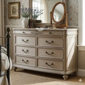 Large six-drawer dresser with a curved front, a classic piece of French provincial furniture essential for any country bedroom.