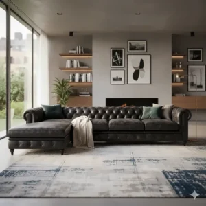 Full frontal view of the large L-shaped leather Chesterfield sectional sofa with a chaise lounge.