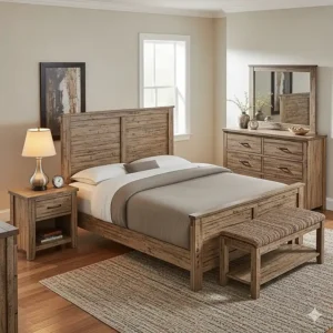 View of a full rustic bedroom furniture set from a different angle, showing the cohesive design.