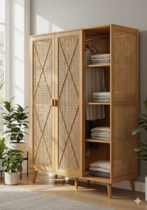A spacious, full-size rattan wardrobe or armoire with dual doors, providing ample clothing storage in a classic design.