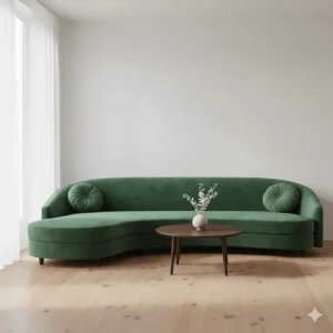 Stylish emerald green curved sectional sofa with low profile, suitable for a minimalist small space design aesthetic.