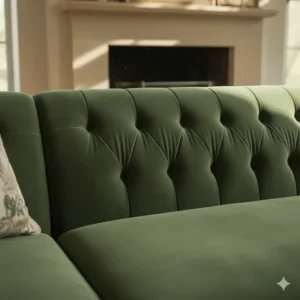 Close-up of a luxurious green velvet vintage sectional sofa showing detail of the tufting and fabric texture.