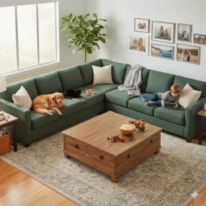 A durable and long-lasting microfiber sectional sofa in a high-traffic family room, holding up well to daily use and wear.