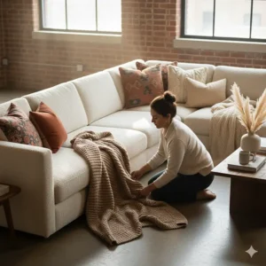 Stylist's tip on how to arrange throw pillows and blankets on a large vintage sectional sofa for a cozy aesthetic.