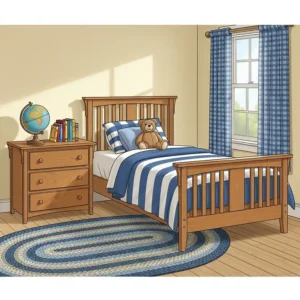 A smaller scale mission bedroom furniture set designed for a child's room, including a twin bed and small dresser.