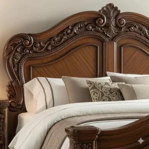 A close-up shot of a king-size bed made from solid wood, showing the intricate craftsmanship of the headboard.