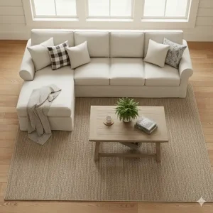Overhead view of a large L-shape farmhouse sectional upholstered in durable, easy-to-clean white linen fabric.
