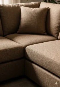 Detailed view of an L-shaped brown sectional sofa corner, highlighting the upholstery texture.