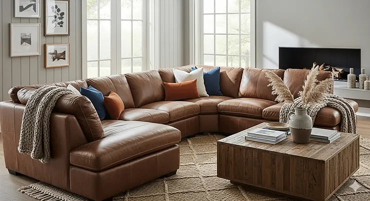 Large brown sectional sofa offering ample seating for a family or entertaining guests.