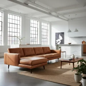 Spacious cognac leather mid century modern sectional sofa in a minimalist, open-concept living area, offering durable and comfortable seating.