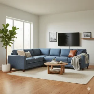 Large L-shaped denim sectional sofa, perfect for spacious family rooms and entertaining guests.