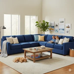 A spacious U-shaped sectional microfiber sofa designed for large families, shown in a vibrant navy blue.