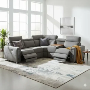 Wide angle view of the large modern reclining sectional sofa arranged in an L-shape, perfectly fitting a spacious living room.