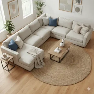 Overhead view of a large U-shaped down feather sectional sofa, perfect for family gatherings.