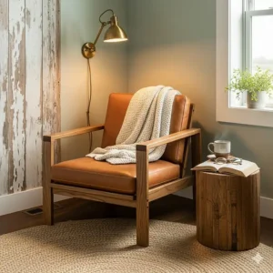 A comfortable leather accent chair with a simple, solid wood frame placed in the corner of a modern rustic bedroom, creating a cozy reading nook.