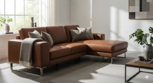 Elegant leather brown sectional sofa with chaise lounge and stainless steel legs.