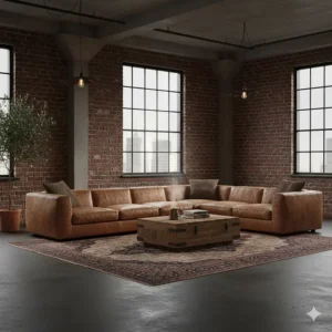 Distressed brown leather vintage sectional sofa with a low profile, perfect for an industrial or rustic interior.
