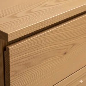 A close-up detail shot of light oak bedroom furniture, highlighting the beautiful texture and grain of the natural wood.