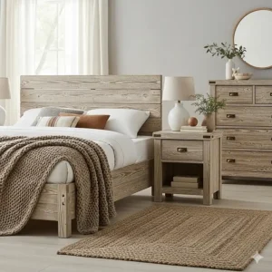 A light-colored rustic wood bedroom set, which creates an airy and modern farmhouse feel in the bedroom.