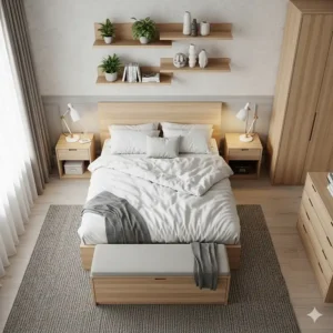 An overhead view of a bedroom featuring several pieces of light wood furniture, including a storage bench and floating shelves.