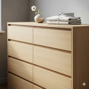 A detailed shot of a light wood dresser with clean lines, highlighting its ample storage capacity with multiple drawers.