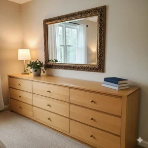 A bedroom scene featuring a long light wood dresser with a large, decorative mirror mounted above it.