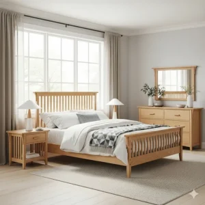 A bedroom decorated with mission furniture made from lighter-toned wood, such as white oak, creating a modern, airy feel.